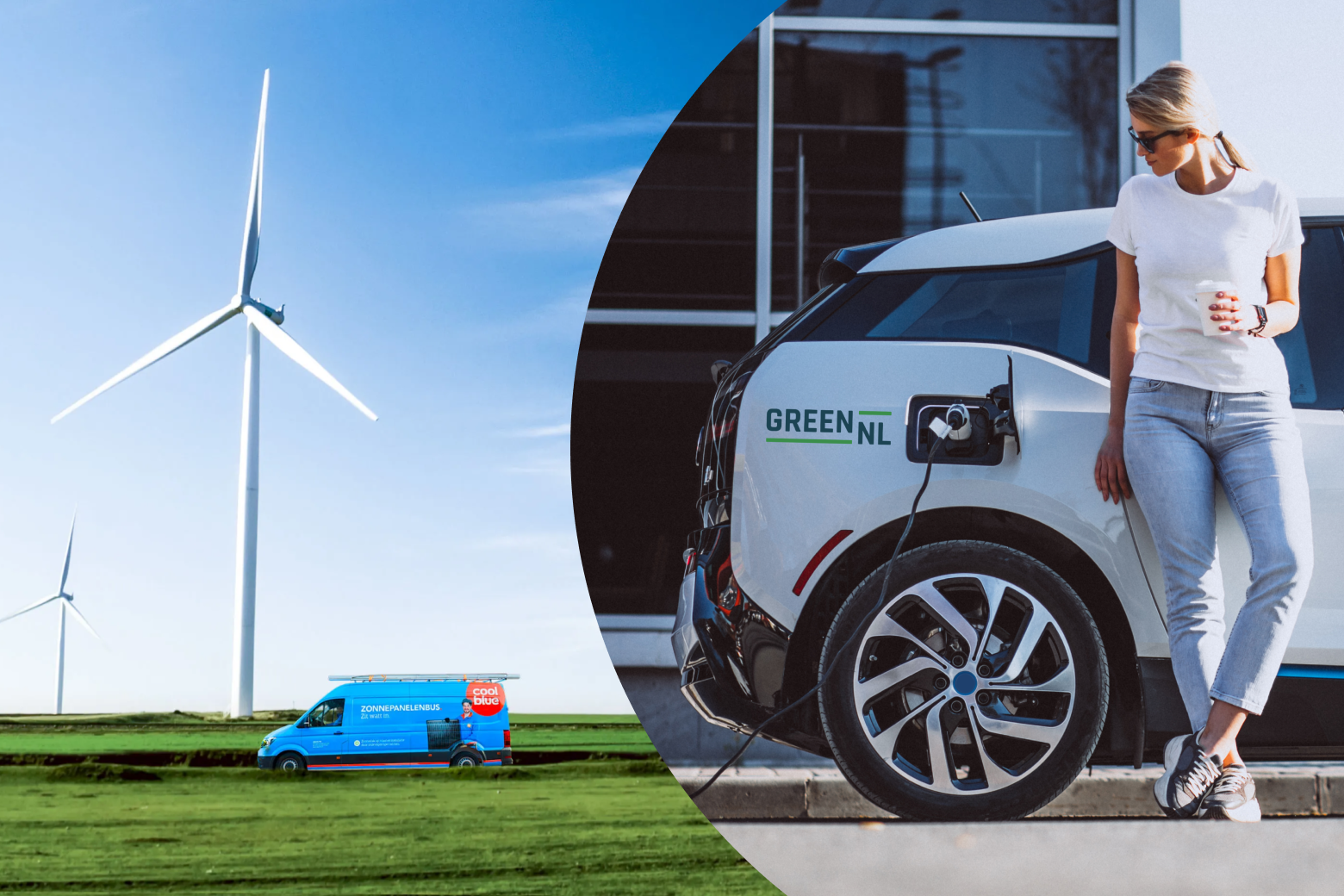 windmolens, coolblue bus en Greennl auto